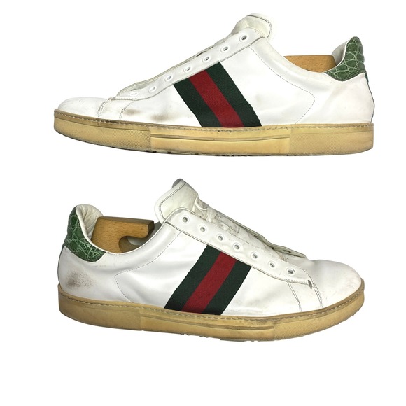 Gucci Ace Leather Sneakers Mens Green Red Web Stripe Green Croc Heel